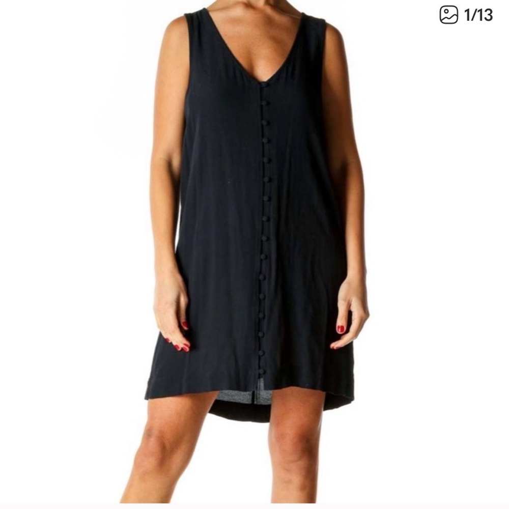 Sleeveless V-Neck Button Front Shift Mini Dress Solid Black madewell